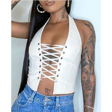 Hanging Neck Sexy Backless Lace Up Short PU Vest review Jessica Brown