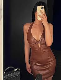 Hanging Neck Sexy Hollow Out Backless Low Cut Slim Fit PU Dress review Jessica Lee