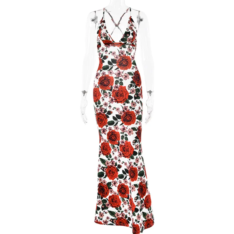 Fashionable printed backless slim fit dress