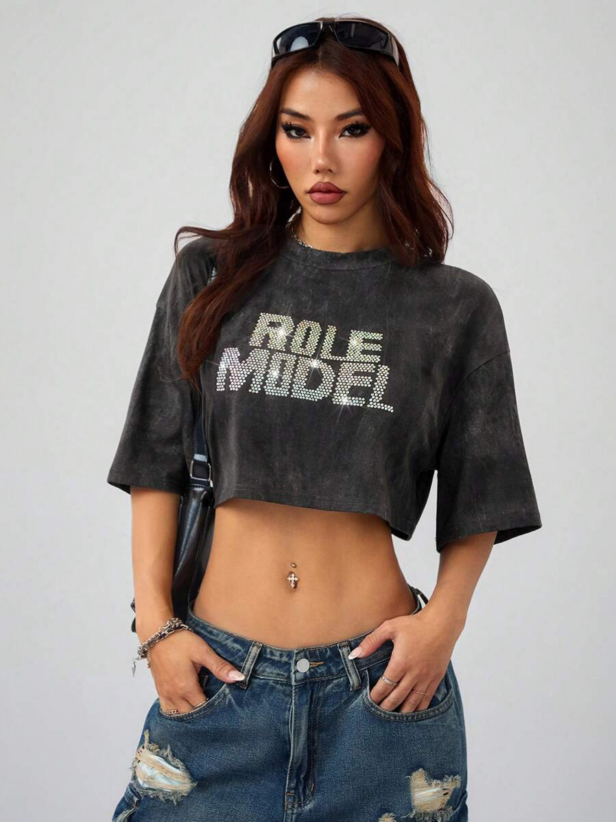 Women's Crop Top Colored Letter Rhinestone Cotton T-Shirt