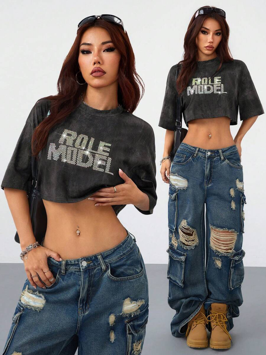 Women's Crop Top Colored Letter Rhinestone Cotton T-Shirt