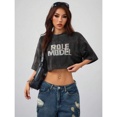 Women's Crop Top Colored Letter Rhinestone Cotton T-Shirt 01