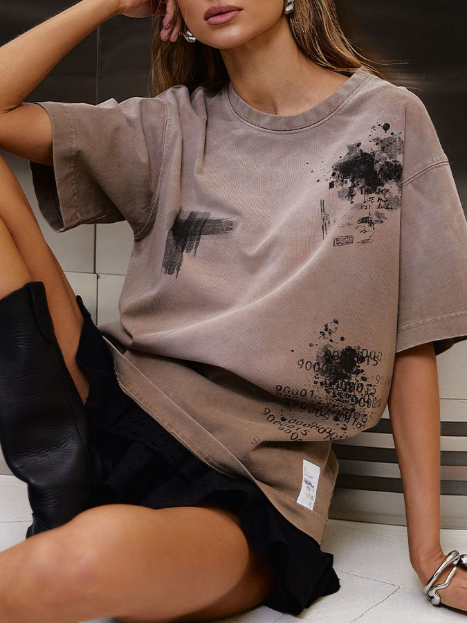 Unisex Print Graffiti Short Sleeve T-Shirt, Loose Fit Casual and Versatile