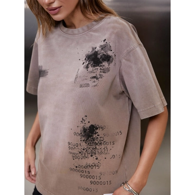 Unisex Print Graffiti Short Sleeve T-Shirt, Loose Fit Casual and Versatile 02