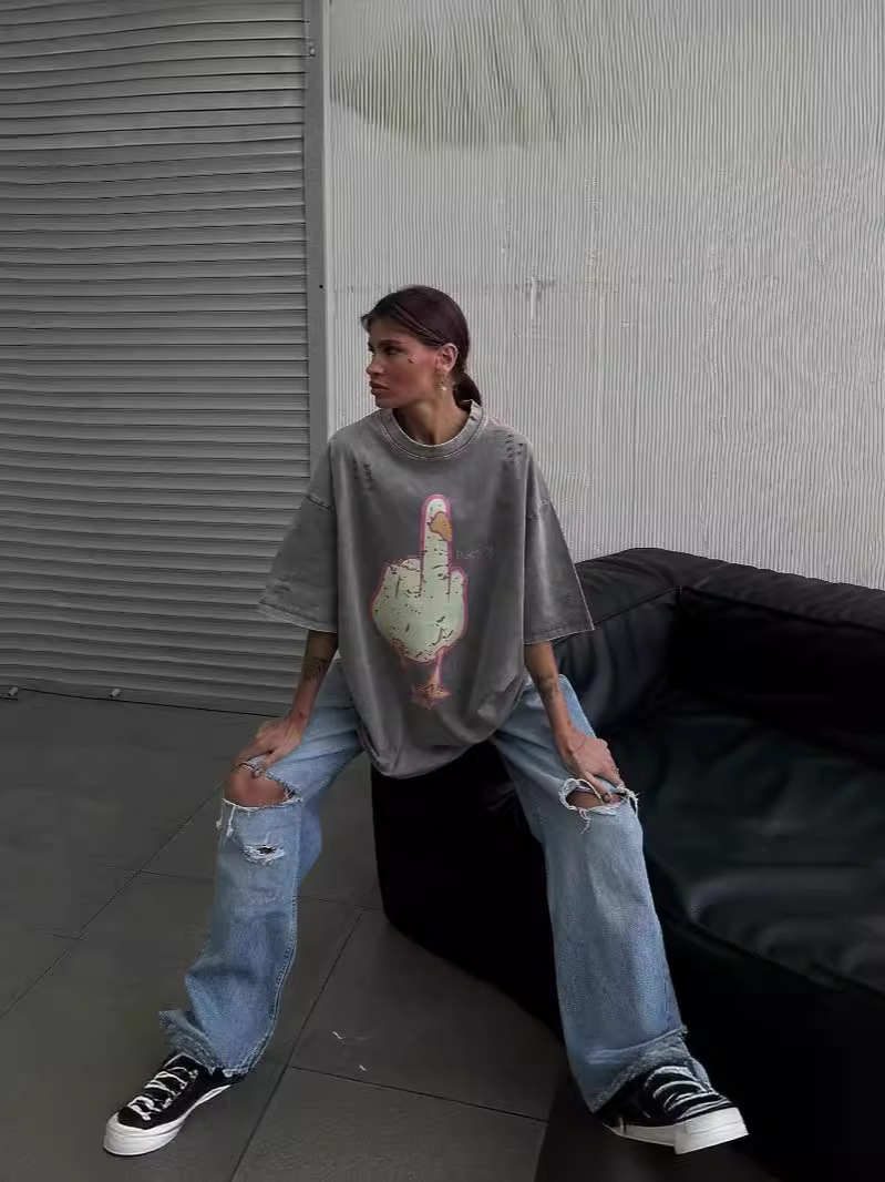 Unisex Cartoon Duck Print Casual T-Shirt, Loose Fit and Versatile