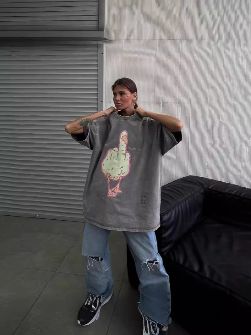 Unisex Cartoon Duck Print Casual T-Shirt, Loose Fit and Versatile