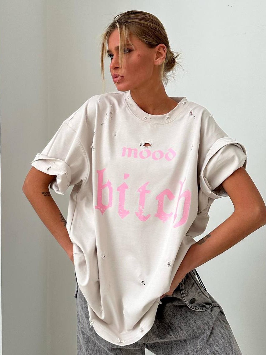 Unisex Street Style Distressed Washed Letter Print Short Sleeve T-Shirt