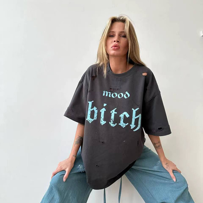 Unisex Street Style Distressed Washed Letter Print Short Sleeve T-Shirt
