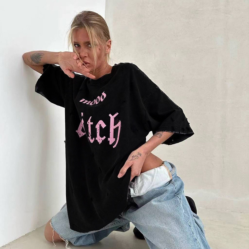 Unisex Street Style Distressed Washed Letter Print Short Sleeve T-Shirt