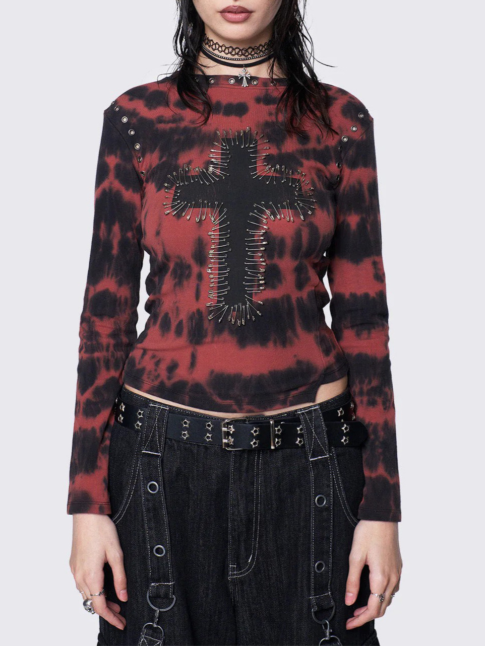 Unisex Subculture Cross Tie-Dye Metal Decor Long Sleeve T-Shirt