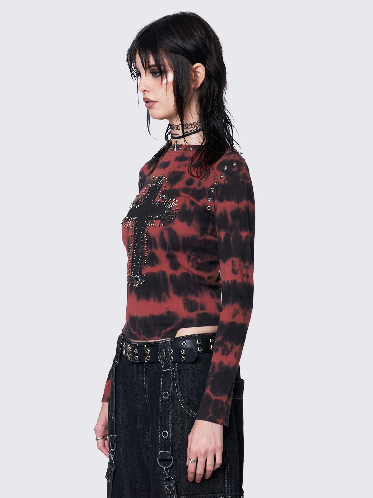 Unisex Subculture Cross Tie-Dye Metal Decor Long Sleeve T-Shirt