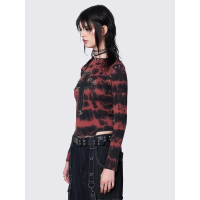 Unisex Subculture Cross Tie-Dye Metal Decor Long Sleeve T-Shirt 02