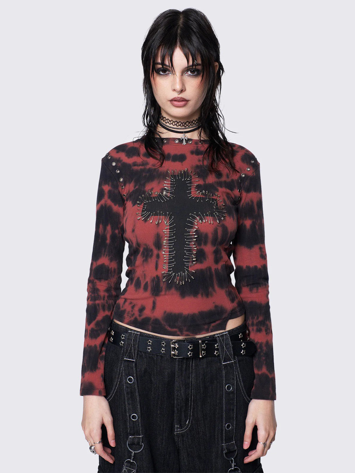 Unisex Subculture Cross Tie-Dye Metal Decor Long Sleeve T-Shirt