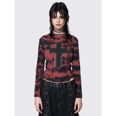 Unisex Subculture Cross Tie-Dye Metal Decor Long Sleeve T-Shirt 01