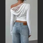 Women's Faux Two-Piece Waist-Cinching Lace Long T-Shirt