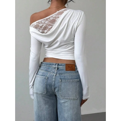 Women's Faux Two-Piece Waist-Cinching Lace Long T-Shirt 02