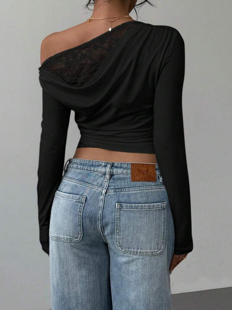 Women's Faux Two-Piece Waist-Cinching Lace Long T-Shirt