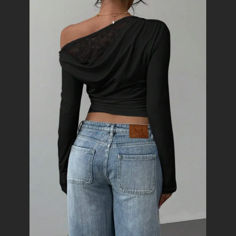 Women's Faux Two-Piece Waist-Cinching Lace Long T-Shirt