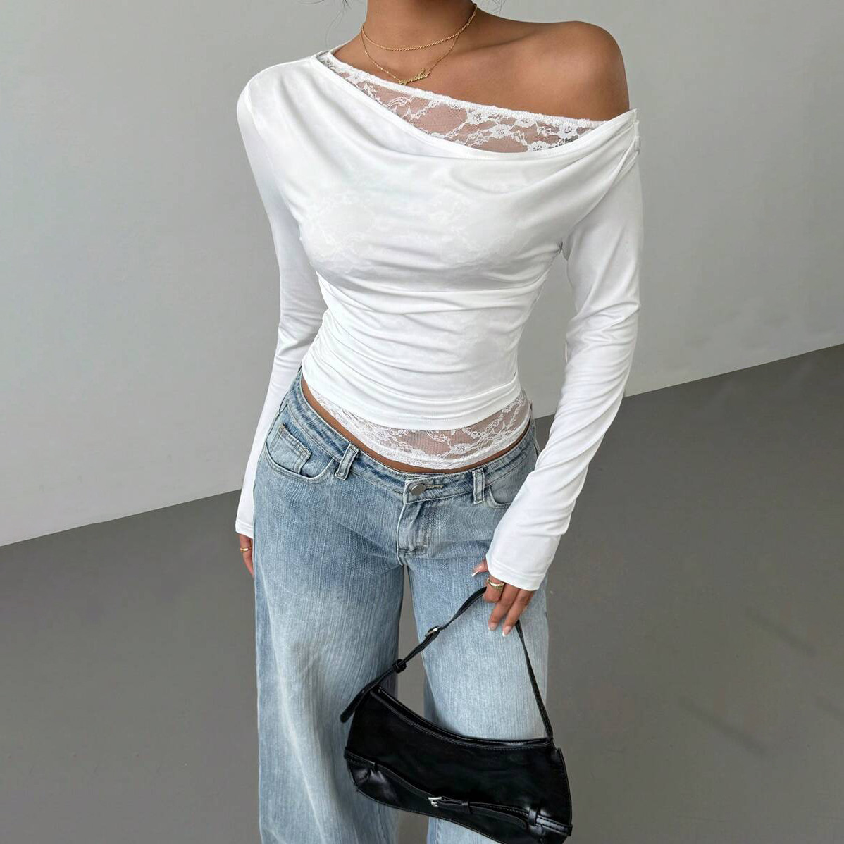 Women's Faux Two-Piece Waist-Cinching Lace Long T-Shirt