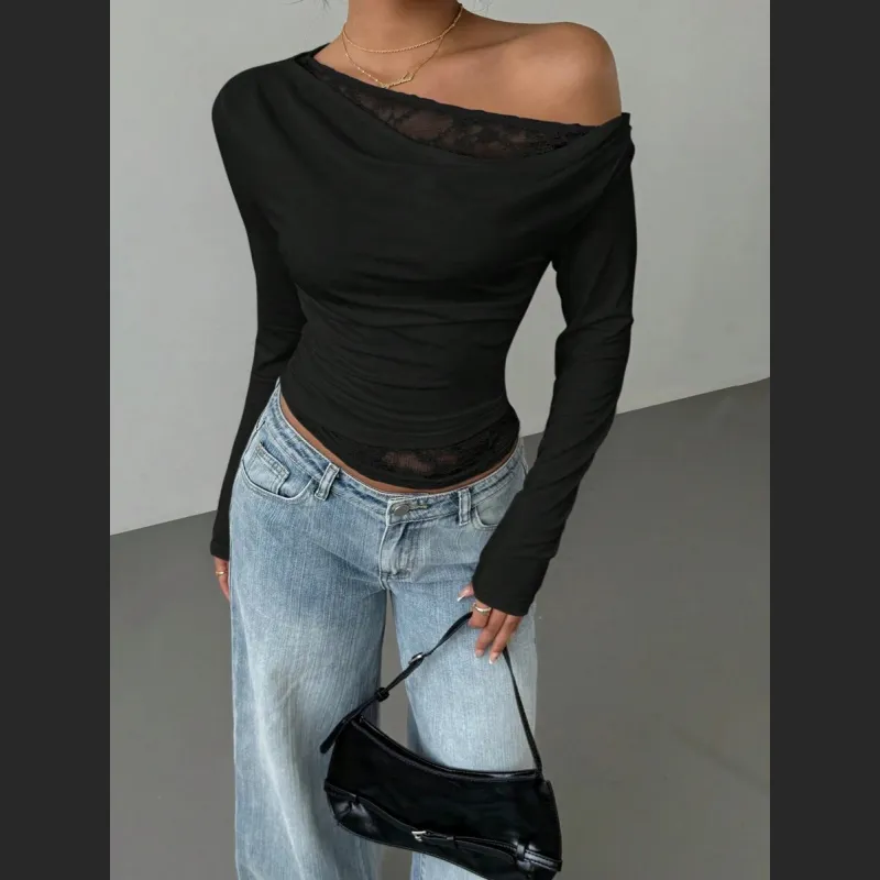 Women's Faux Two-Piece Waist-Cinching Lace Long T-Shirt