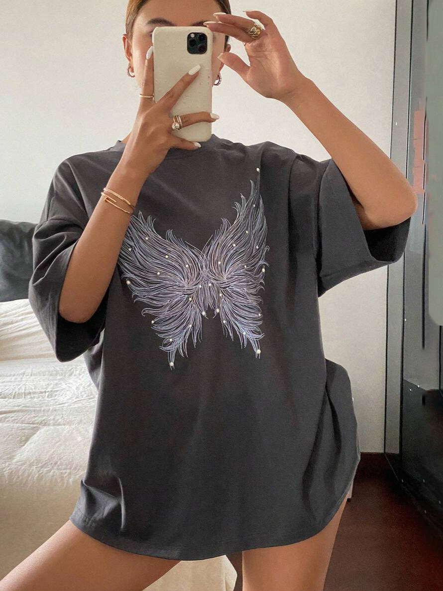 Butterfly Rhinestone Gray T-Shirt