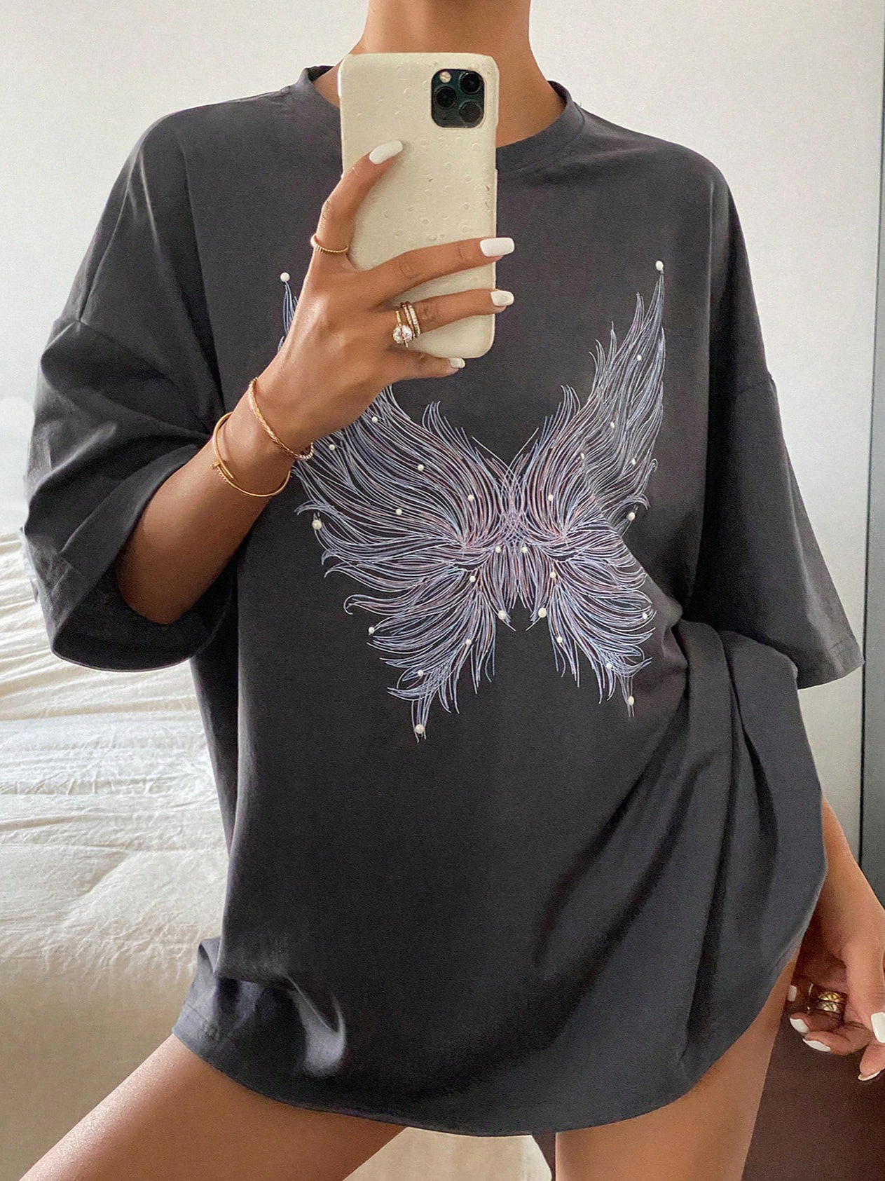 Butterfly Rhinestone Gray T-Shirt