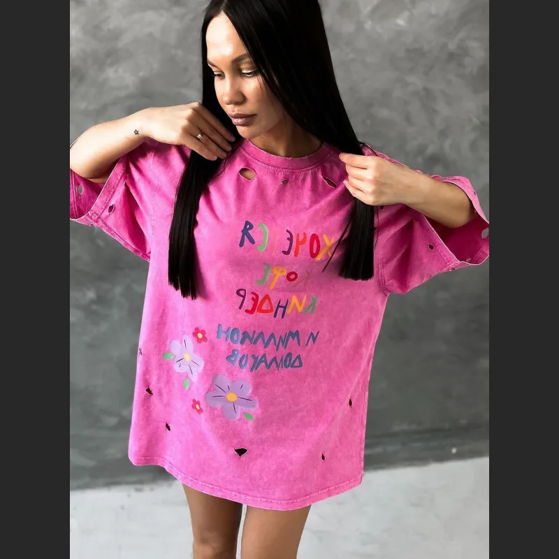 Designsoo Distressed Style Pastel Letter Print T-Shirt