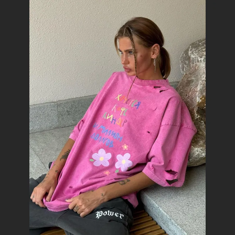 Designsoo Distressed Style Pastel Letter Print T-Shirt