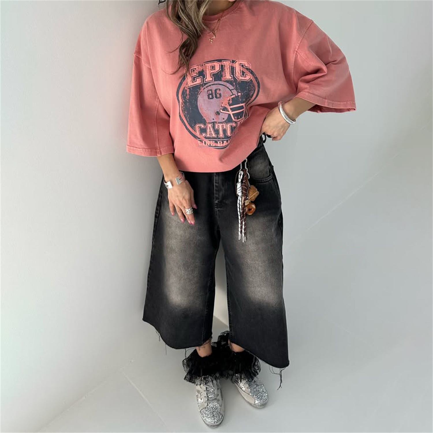 Designsoo Distressed Wash Printed 3/4 Sleeve T-Shirt