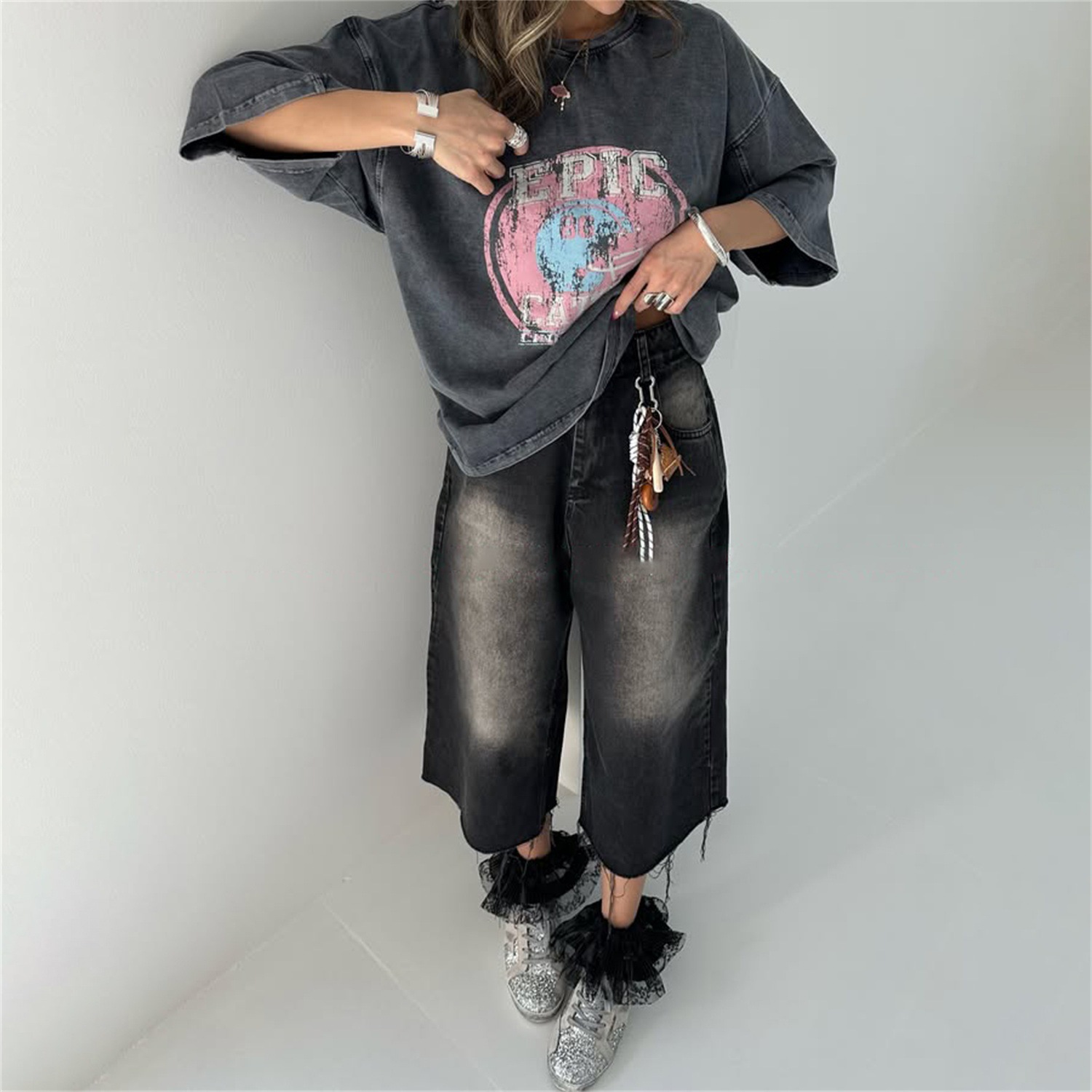Designsoo Distressed Wash Printed 3/4 Sleeve T-Shirt
