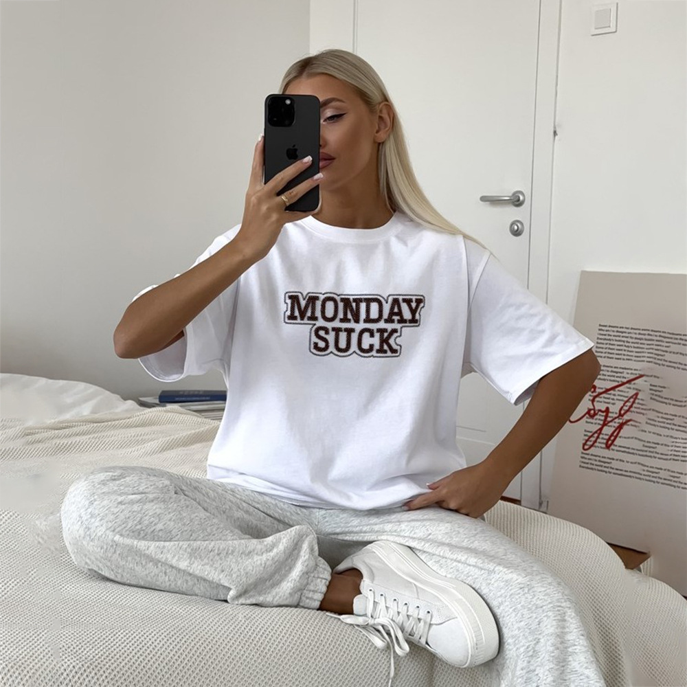 Designsoo Letter Beaded Loose Fit T-Shirt