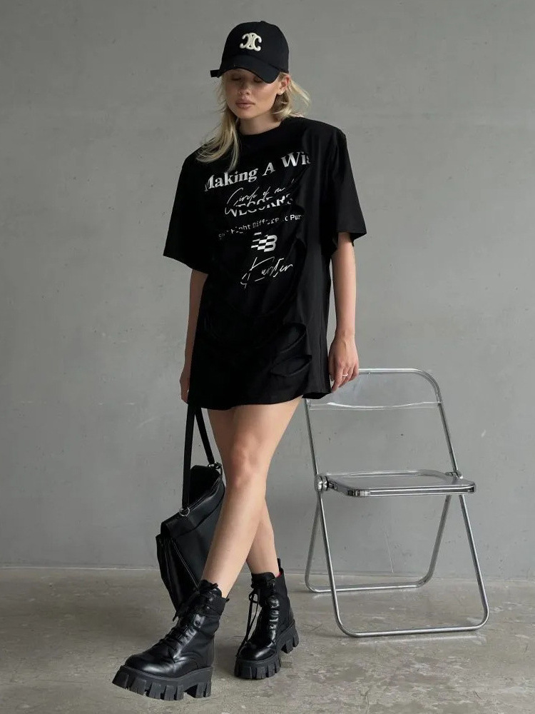 Designsoo Letter Print Distressed T-Shirt