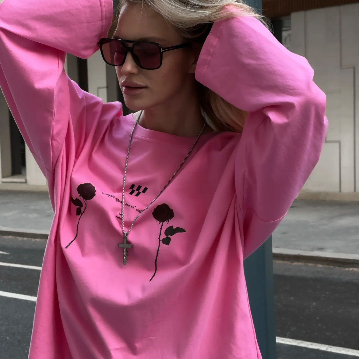 Designsoo Rose Print Long Sleeve T-Shirt