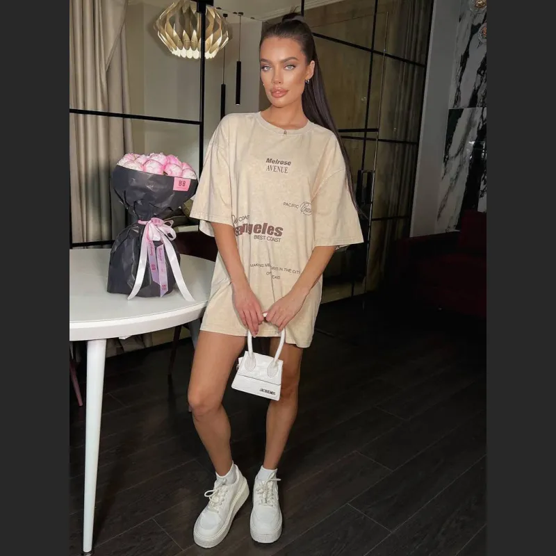 Round Neck Distressed Letter Print Short Sleeve T-Shirt