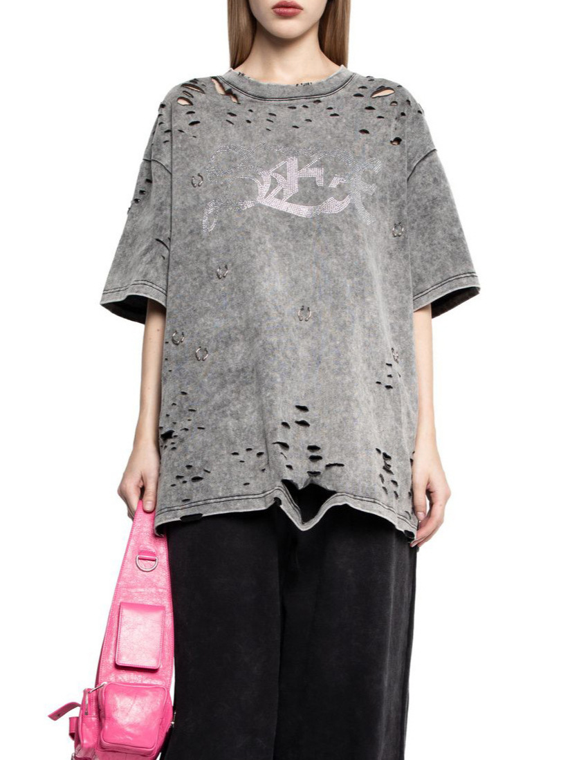 Designsoo Round Neck Rhinestone Distressed Wash T-Shirt