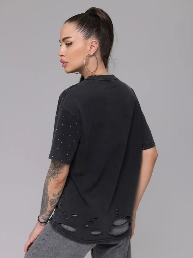 Street Style Full Rhinestone Decorated T-Shirt