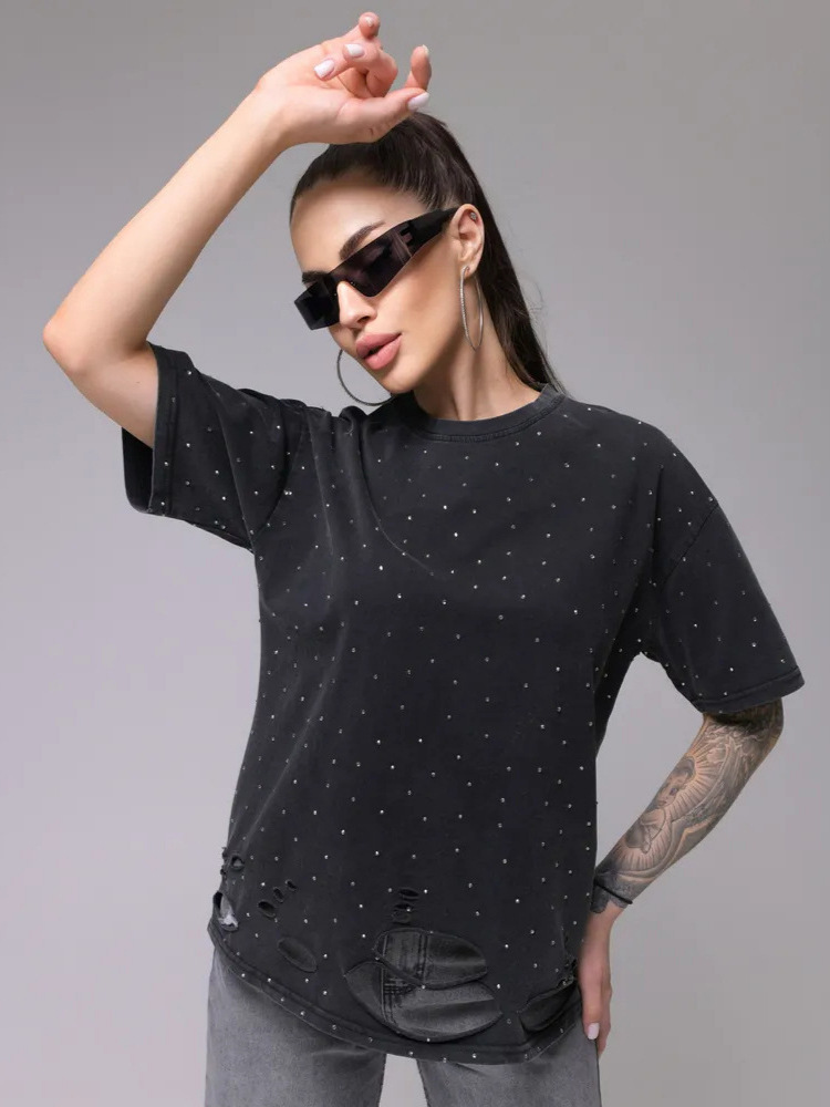 Street Style Full Rhinestone Decorated T-Shirt