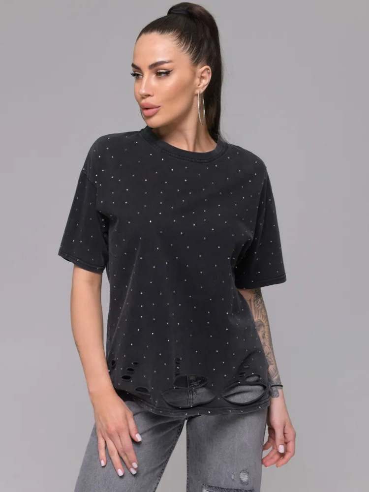 Street Style Full Rhinestone Decorated T-Shirt