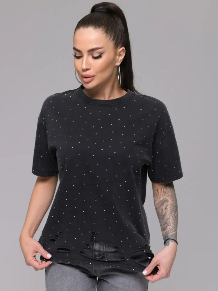 Street Style Full Rhinestone Decorated T-Shirt