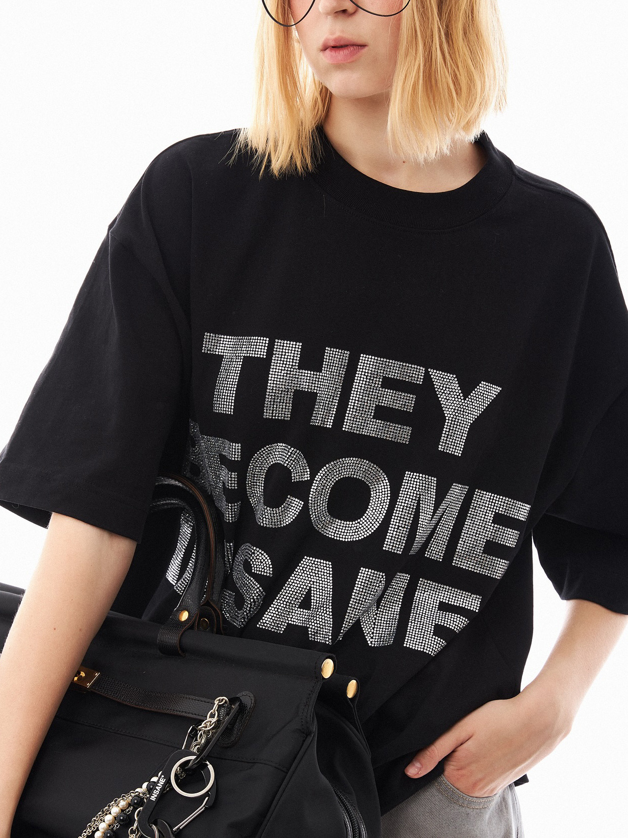 Designsoo Trendy Letter Rhinestone Loose Fit T-Shirt