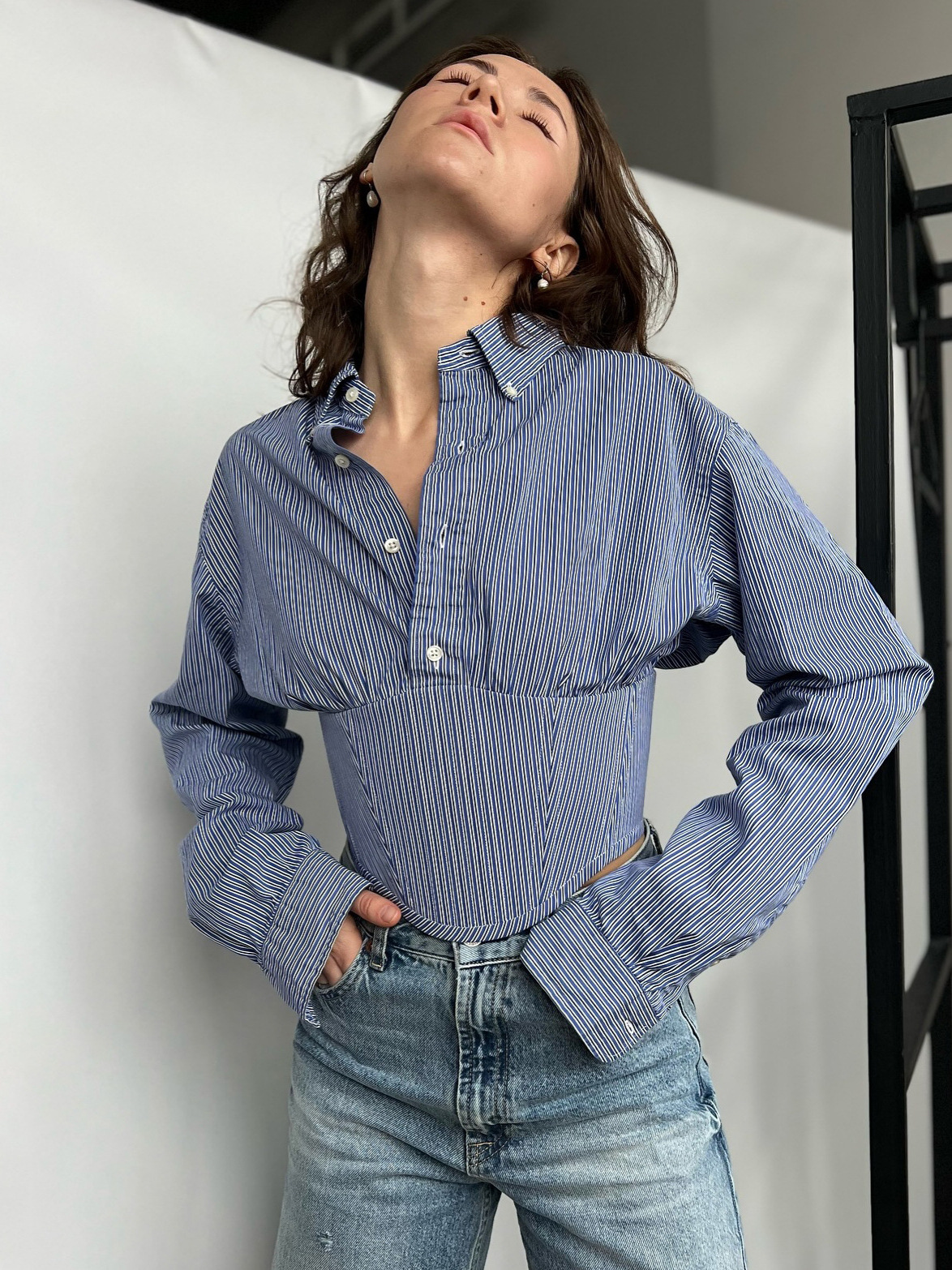 Designsoo Blue and White Striped Fitted Waist-Cinching French Blouse for Women