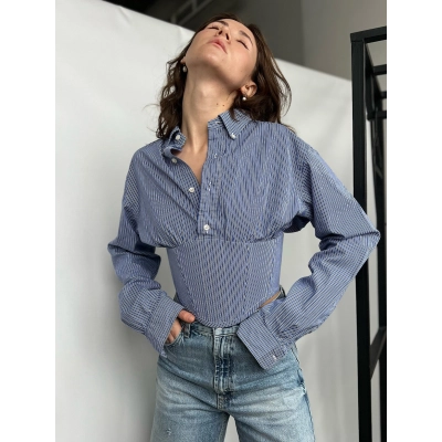 Designsoo Blue and White Striped Fitted Waist-Cinching French Blouse for Women 01