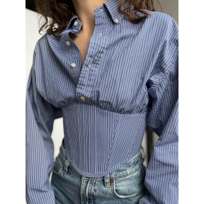 Designsoo Blue and White Striped Fitted Waist-Cinching French Blouse for Women 02