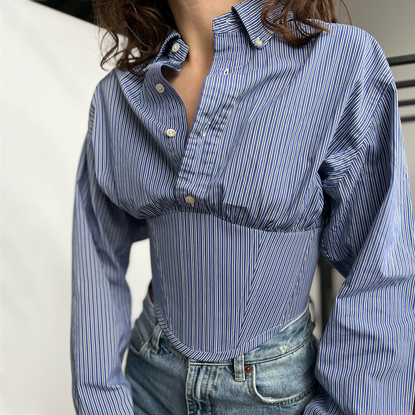 Designsoo Blue and White Striped Fitted Waist-Cinching French Blouse for Women