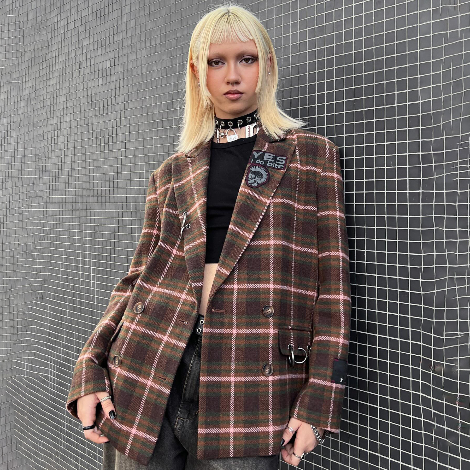 British-Inspired Patchwork and Metal Accents Blazer