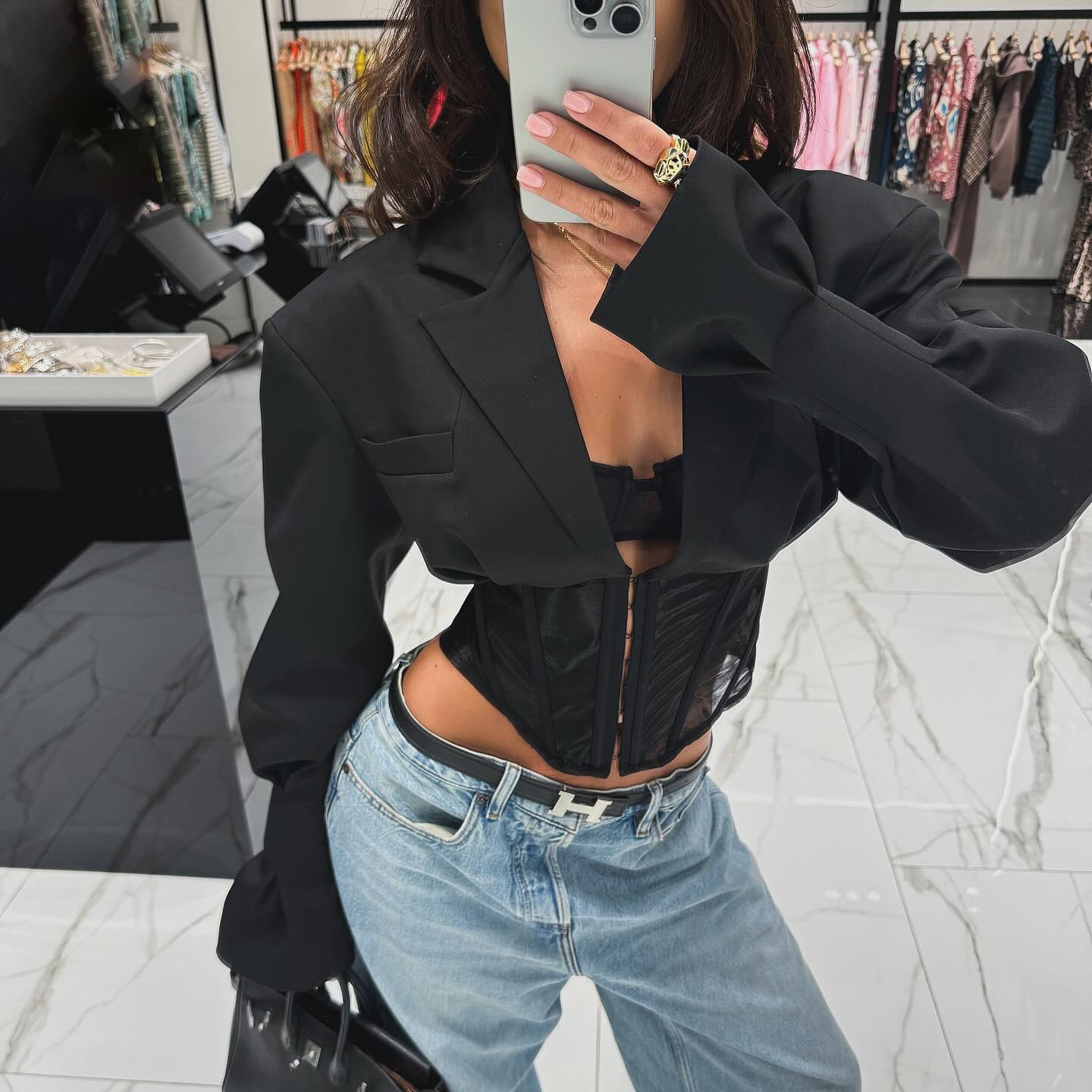 Deep V-Neck Slim Fit Long Sleeve Cropped Blazer