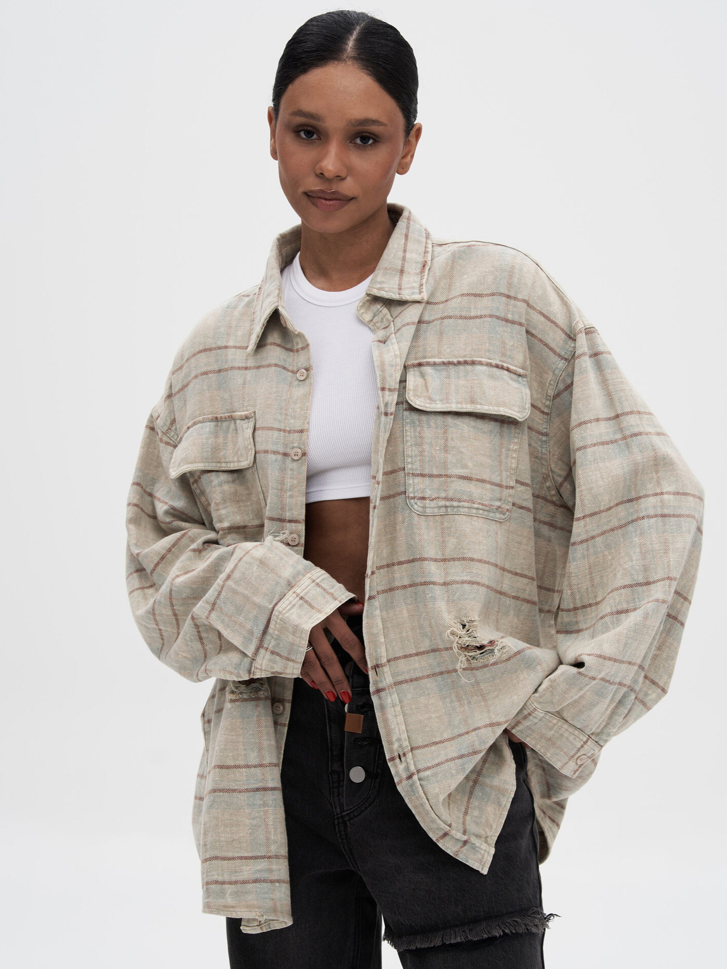 Designsoo Distressed Denim Plaid Shirt with Fuzzy Finish