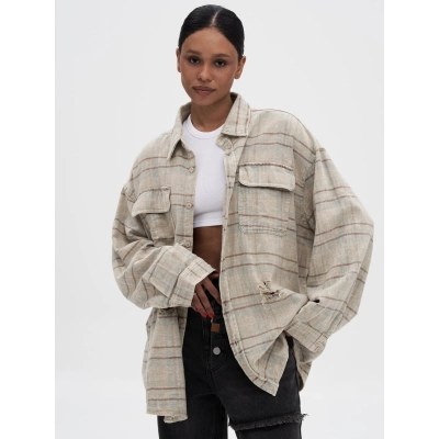 Designsoo Distressed Denim Plaid Shirt with Fuzzy Finish 01