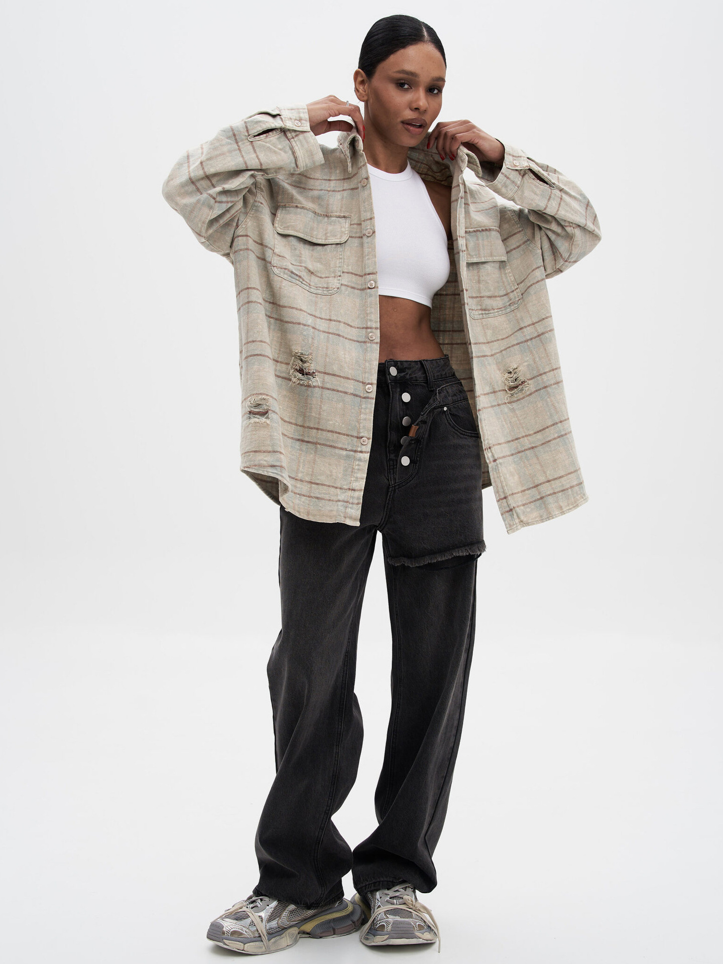 Designsoo Distressed Denim Plaid Shirt with Fuzzy Finish