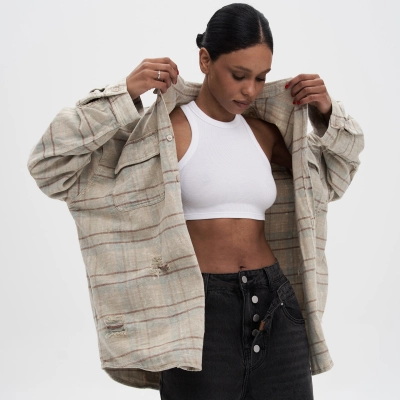 Designsoo Distressed Denim Plaid Shirt with Fuzzy Finish 02